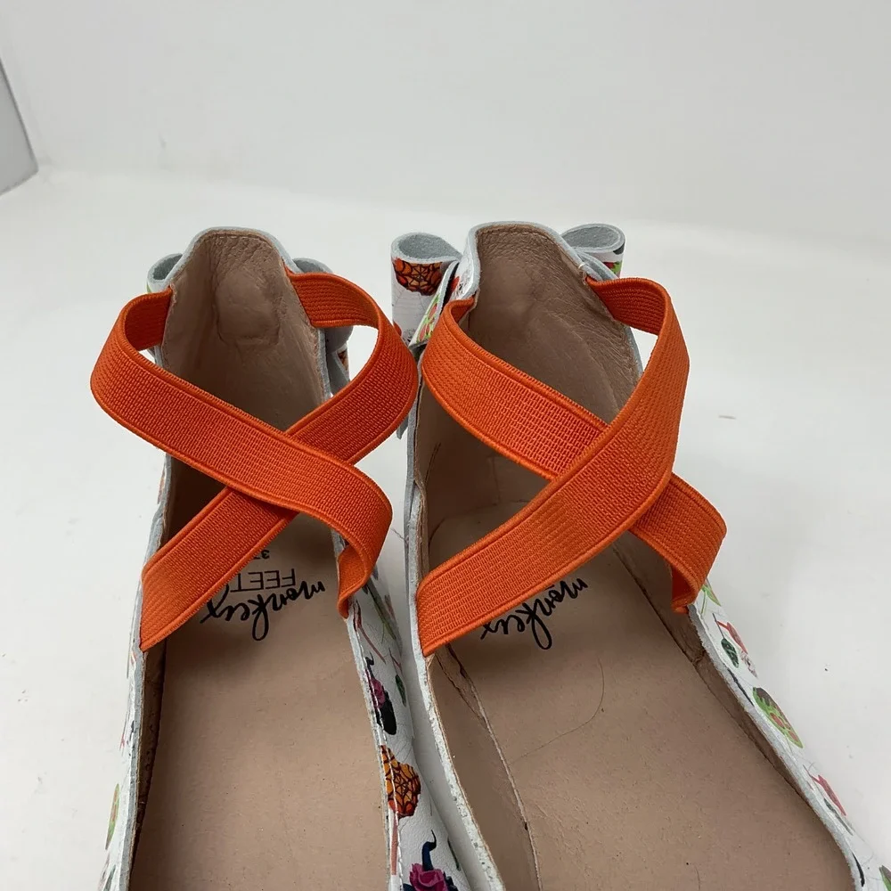 Monkey Feet Halloween Leather Ballet Flats Orange Elastic Straps Bows Size 37